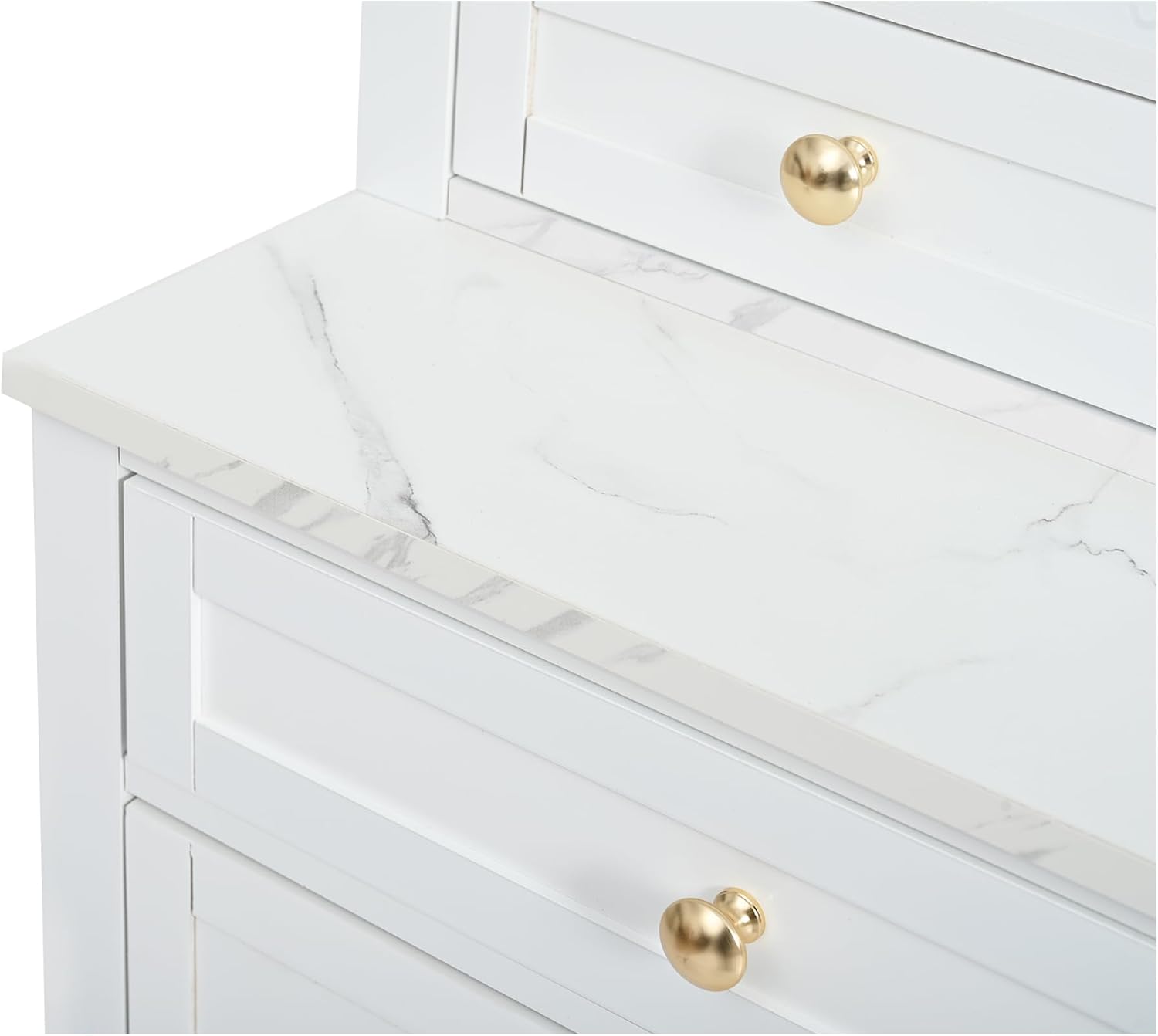 84'' Tall Kitchen Pantry, Storage Cabinet with 5 Storage Drawers and Adjustable Shelf, Anti-Tip Safety, Faux Marble Top Display Cupboard for Kitchen, Dining Room, Living Room, White