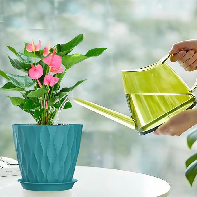 7 Inch Plant Pots Set of 5, Plastic Flower Pots with Drainage Holes and Trays, Planter Pot for Indoor Plants, Decorative Pots for Plants Indoor/Outdoor （Multicolor）