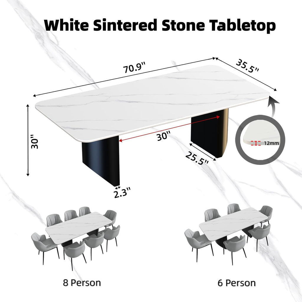 Modern White Dining Table for 6 to 8 People, 70.9" High Hardness Sintered Stone Table for Dining Room and Easy Maintenance - Half-Round Stainless Steel Base(Table Only)