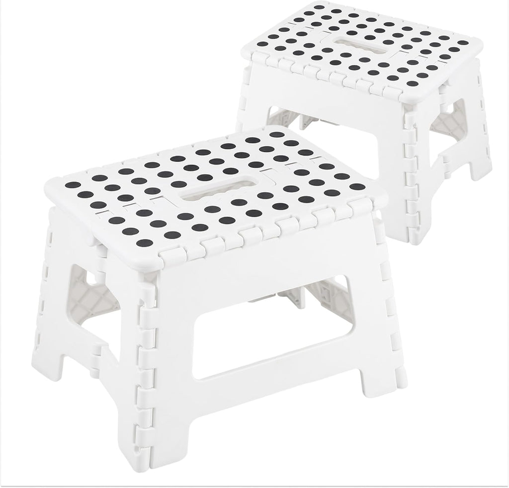JS Gourmet Folding Step Stool - Set of 2, Sturdy Plastic Stool 9-inch | Lightweight Non Slip, Holds Up to 300 lbs, Collapsible Stool for Kitchen, Bathroom, Garden, & Camping Use - White