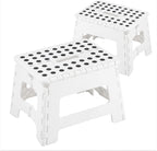 JS Gourmet Folding Step Stool - Set of 2, Sturdy Plastic Stool 9-inch | Lightweight Non Slip, Holds Up to 300 lbs, Collapsible Stool for Kitchen, Bathroom, Garden, & Camping Use - White