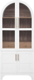 71" Tall Arched Cabinet with Glass Doors, Farmhouse Kitchen Storage Cabinet with Hidden Drawer and Adjustable Shelves, Hutch Cabinets for Dining Room, Bathroom (White)