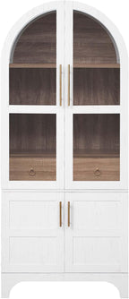 71" Tall Arched Cabinet with Glass Doors, Farmhouse Kitchen Storage Cabinet with Hidden Drawer and Adjustable Shelves, Hutch Cabinets for Dining Room, Bathroom (White)