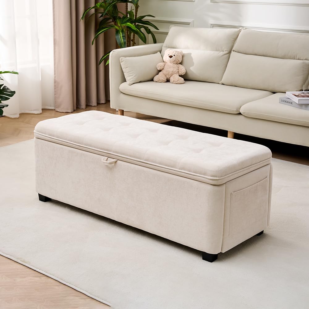 45" Storage Ottoman Bench, Tufted Ottoman with Storage for Living Room, Large End of Bed Ottomans, Modern Entryway Benchs, Window & Bedroom Benches for Foot of Bed (Ivory)