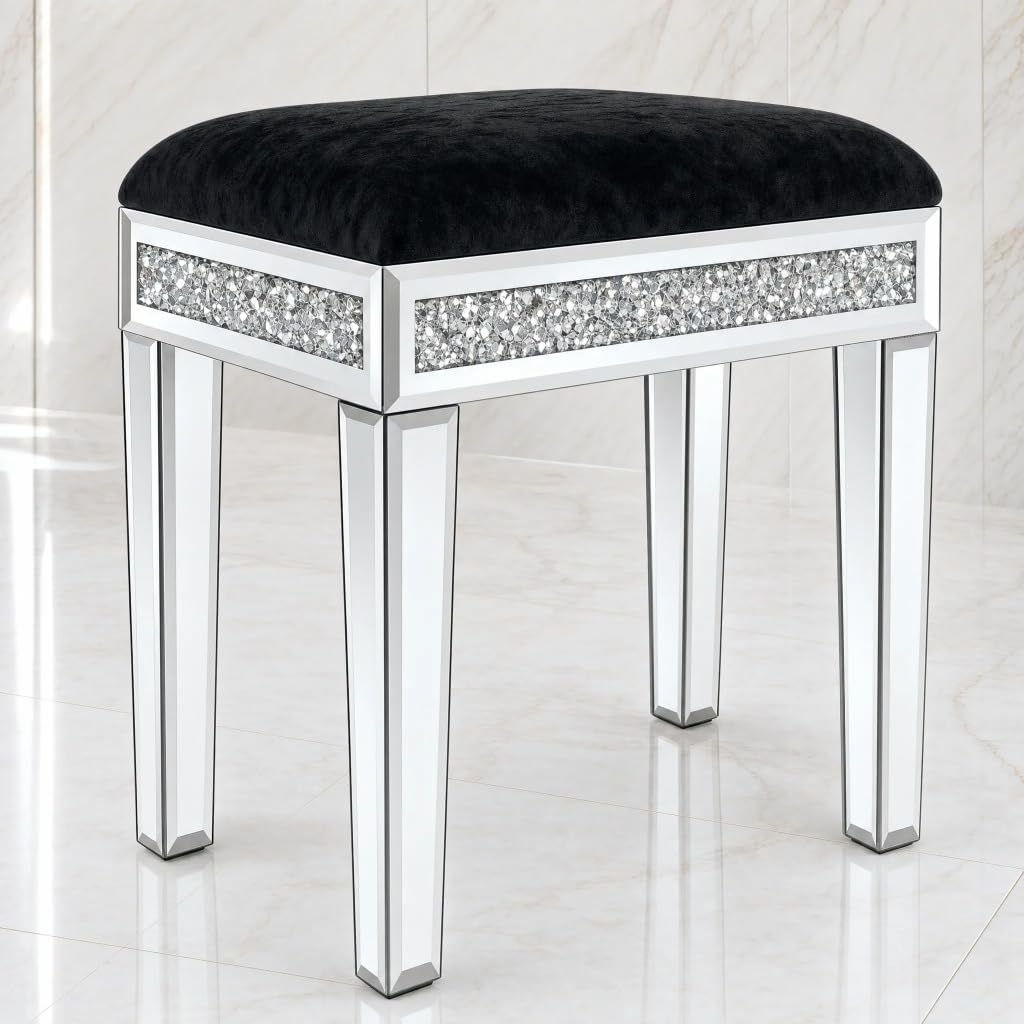 Vanity Stool with Storage, Velvet Upholstered Ottoman with Mirrored Legs, Hidden Storage Compartment, Diamond Trim Glam Makeup Chair & Piano Bench