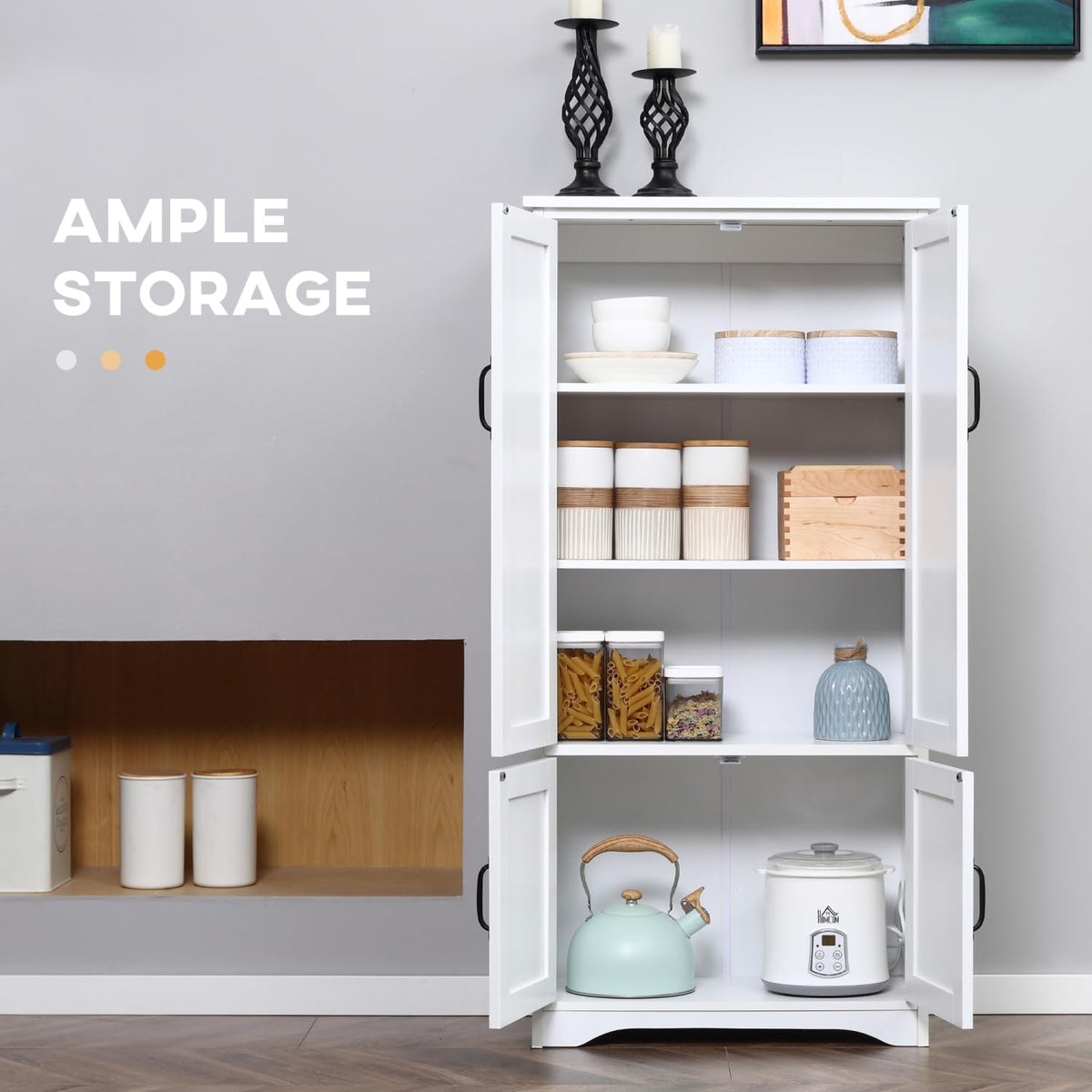 Farmhouse Kitchen Pantry Cabinet, 48.5" Tall Storage Organizer, White Cupboard