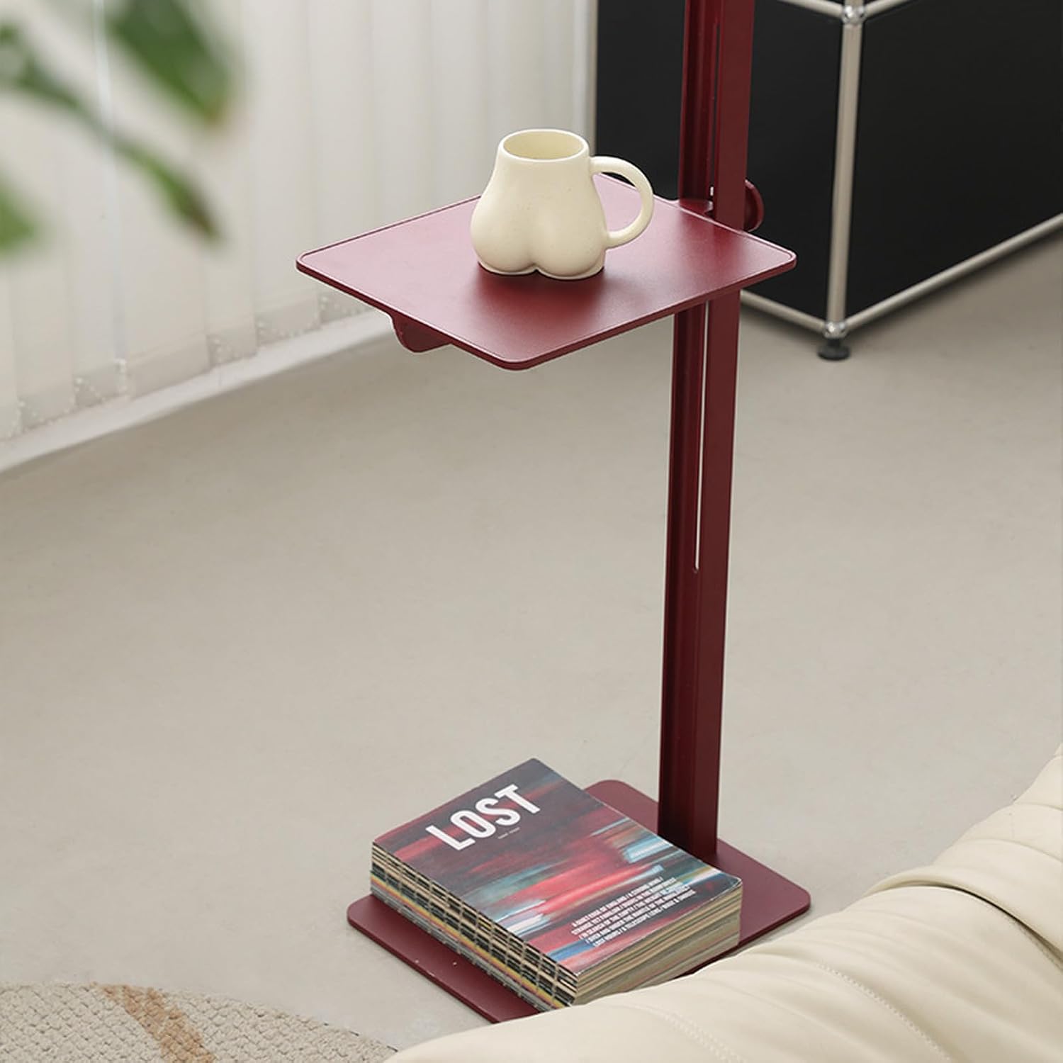 C-Shaped Metal End Table, Height Adjustable Side Table Rectangular Coffee Table Sofa Table for Living Room, Bedroom and Small Space, Red
