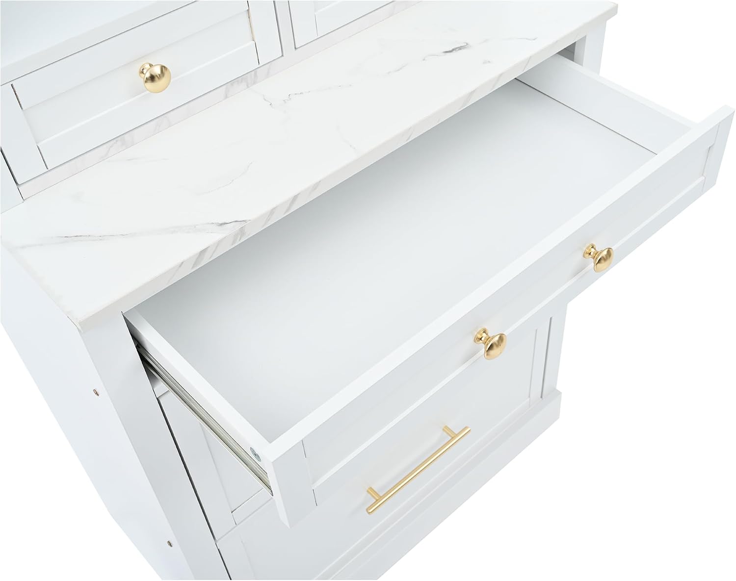 Modern 83.7inch High Kitchen Pantry, Freestanding Tall Kitchen Hutch with Faux Marble Top, Display Cupboard Cabinet with 5 Storage Drawers and Adjustable Shelf (White-073)