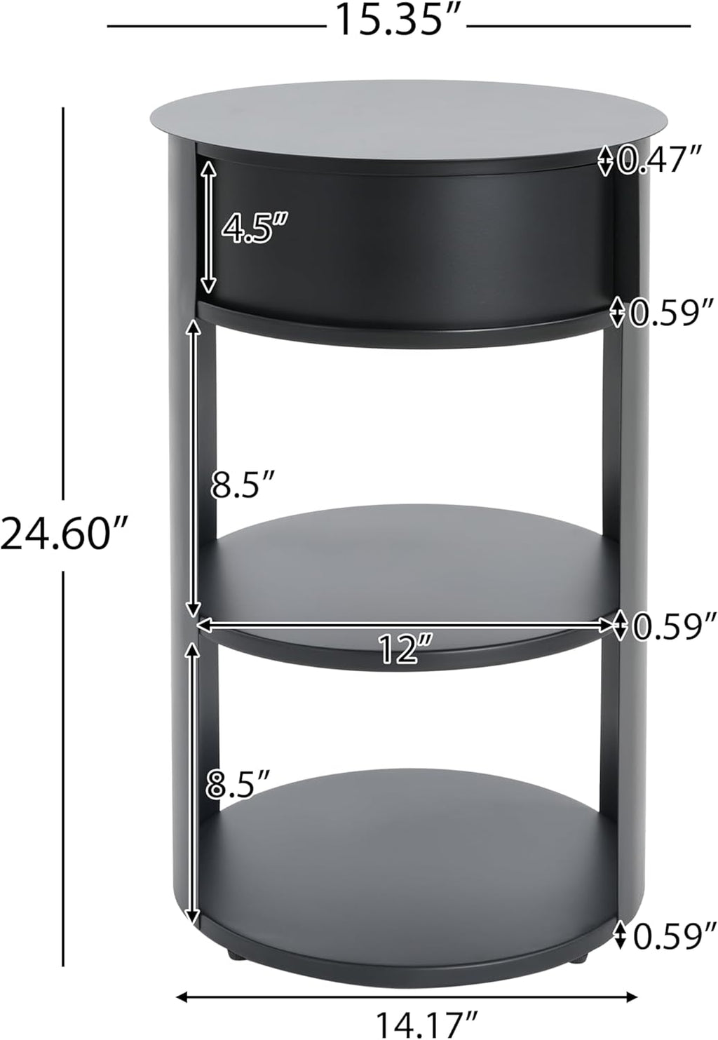 GDFStudio 3-Tier Modern Round Side Table with Sliding Door Storage, Pre-Assembled Matte Black Metal End Table for Living Room or Office – Space-Saving Cylindrical Design with Open Shelves