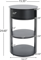 GDFStudio 3-Tier Modern Round Side Table with Sliding Door Storage, Pre-Assembled Matte Black Metal End Table for Living Room or Office – Space-Saving Cylindrical Design with Open Shelves