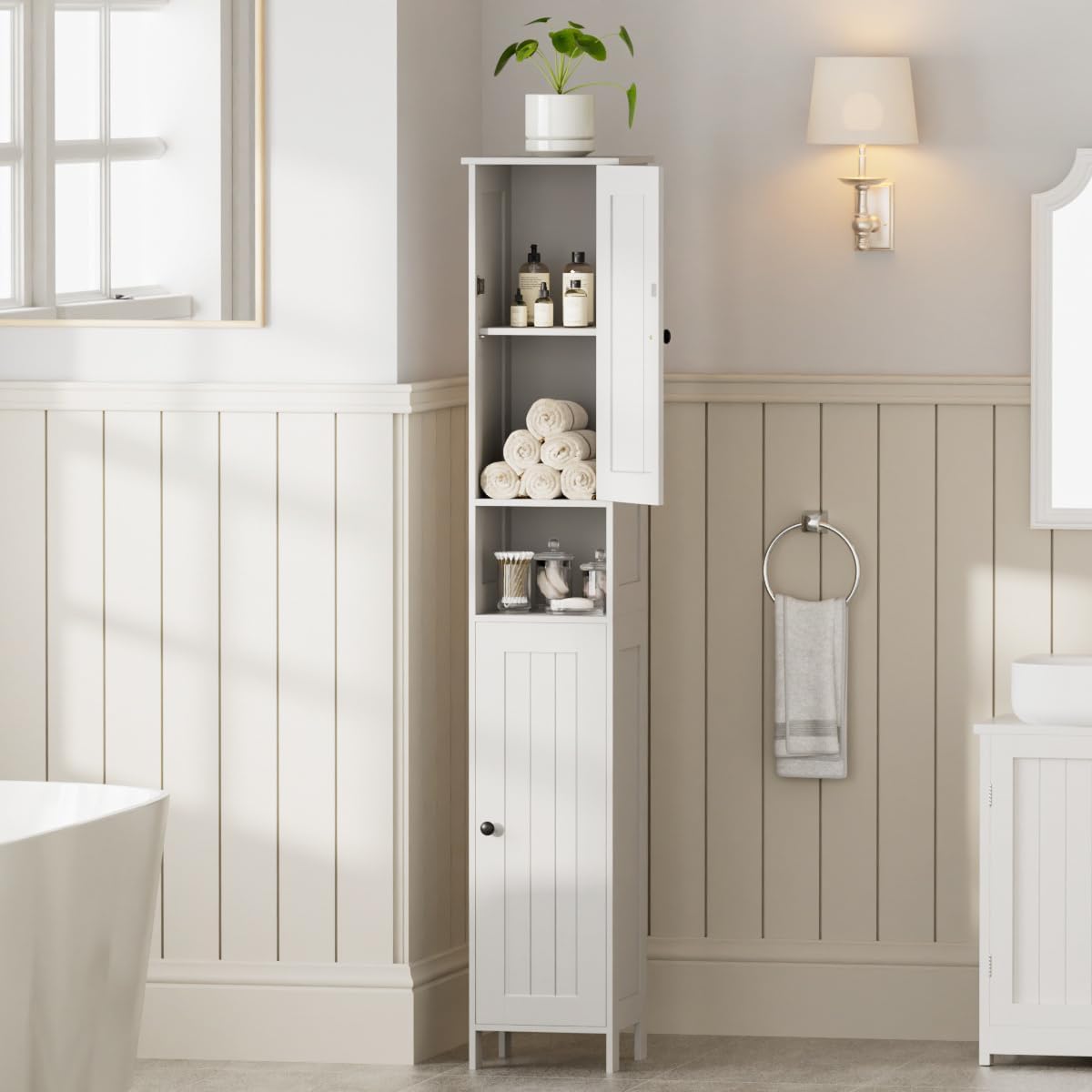 Homleke Tall Bathroom Storage Cabinet with 2 Doors, Slim Bathroom Cabinet | Narrow Storage Cabinet with Adjustable Shelves, Anti-Tip Design, Reversible Door, Easy Assembly, White, 11.8''W