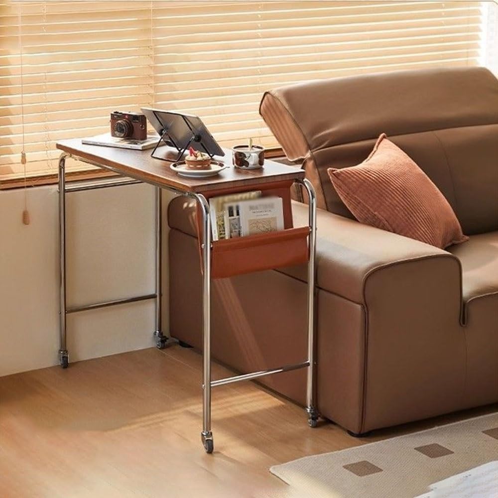 Movable Side Table with Locking Wheels Metal Frame Mobile Workstation Laptop End Table Rolling Office Desk with Storage for Room Long Lasting