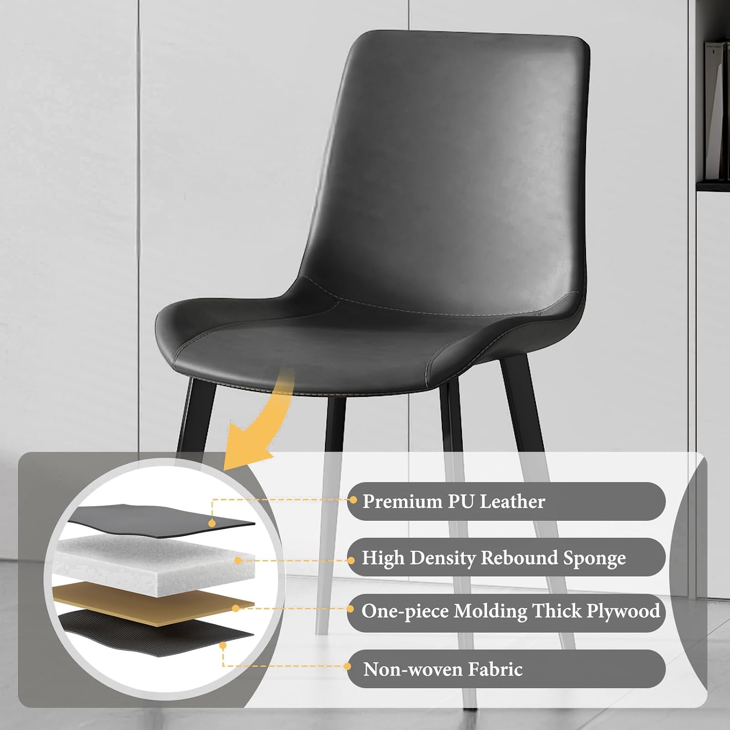 Dining Chairs Set of 4, Modern PU Leather Upholstered Dinner Chairs | Sturdy Metal Legs and Comfort Backrest, Armless Accent Side Chairs for Home Kitchen/Living Room/Restaurant (Dark Grey)
