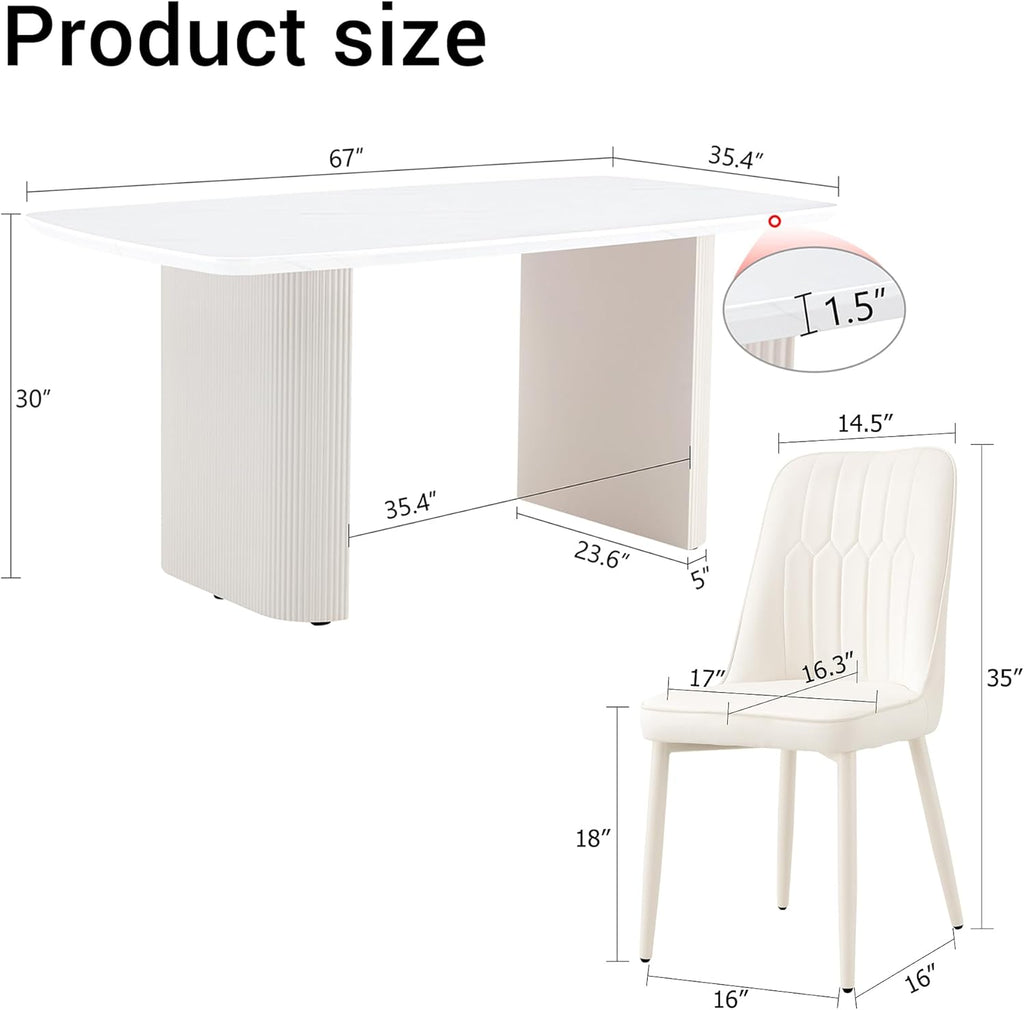 White Dining Table Set for 6, 67'' Marble Dining Table Set with 3.5'' Thick Cream White Oval Tabletop and Solid Column Base, Modern Kitchen Table Set with 6 Metal Legs Chairs