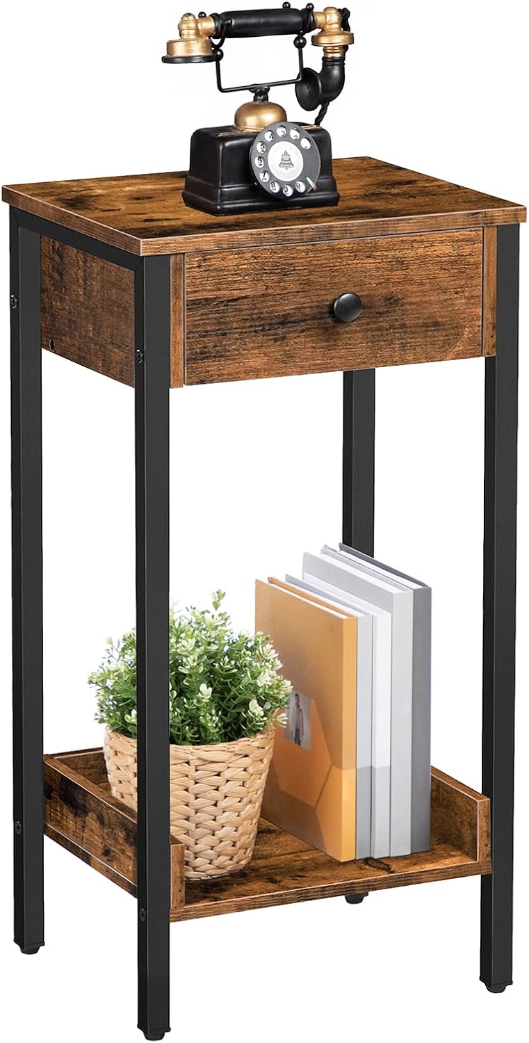 HOOBRO Tall End Table, Nightstand, Industrial Side Table with Drawer and Storage Shelf, for Study, Bedroom, Space Saving, Rustic Brown and Black BF71BZ01