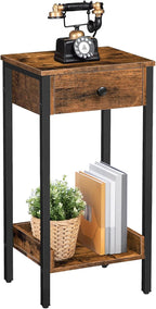 HOOBRO Tall End Table, Nightstand, Industrial Side Table with Drawer and Storage Shelf, for Study, Bedroom, Space Saving, Rustic Brown and Black BF71BZ01