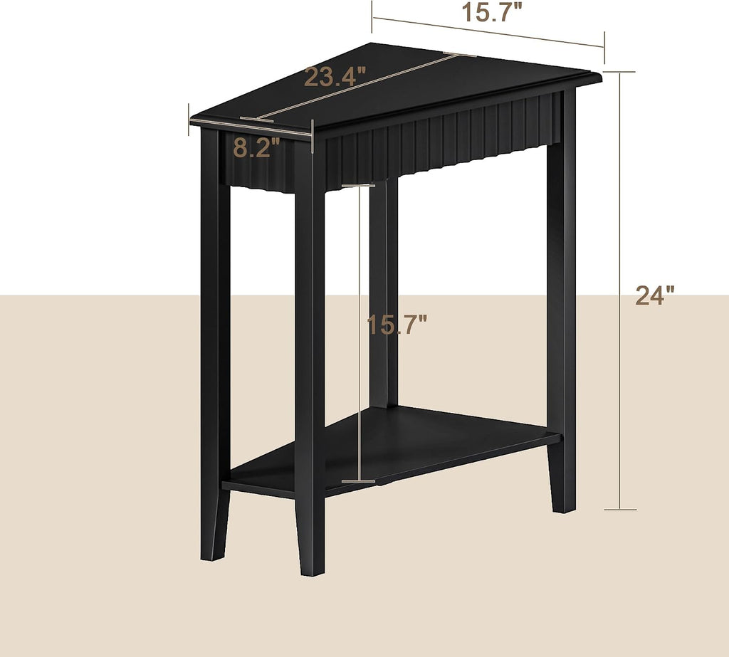 ChooChoo Fluted Recliner Side Tables Set of 2 with 2-Tier Storage Shelf | Wedge End Table for Small Space, Narrow Triangle Side Table for Corner, Living Room, Bedroom, Black