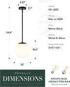 LMS 10 Inch Globe Pendant Lights, Matte Black Mid Century Kitchen Island Light Fixtures with White Globe Glass Shade, Adjustable Hanging Rod, Bar Kitchen Bedroom, LMS-186PL-BKW-10