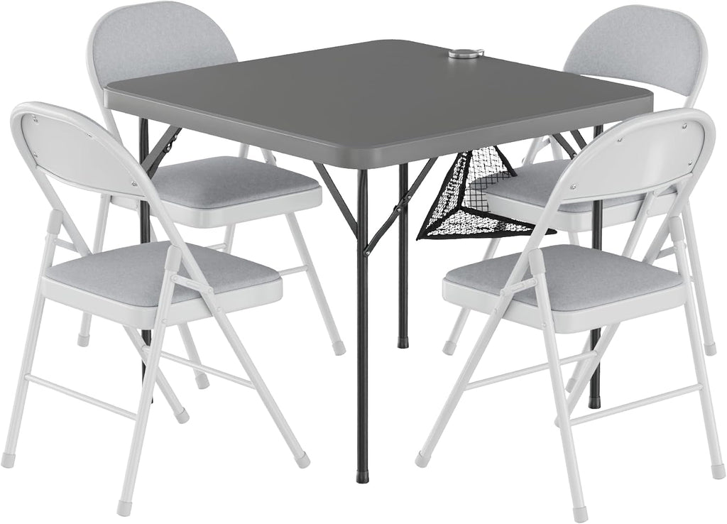 VECELO 5 Piece Folding Card Table Square and Chairs Set, Collapsible Legs & Portable for Indoor/Outdoor, Picnic, Grey & Light Grey