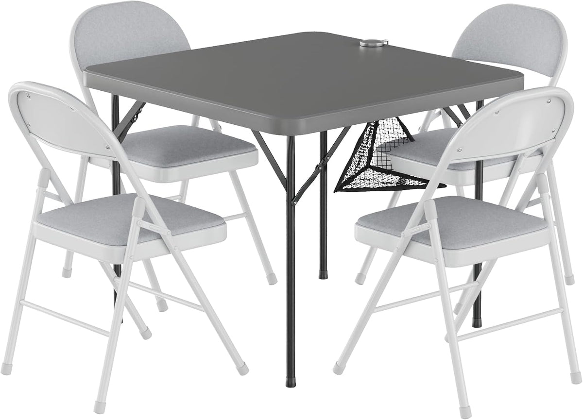 VECELO 5 Piece Folding Card Table Square and Chairs Set, Collapsible Legs & Portable for Indoor/Outdoor, Picnic, Grey & Light Grey