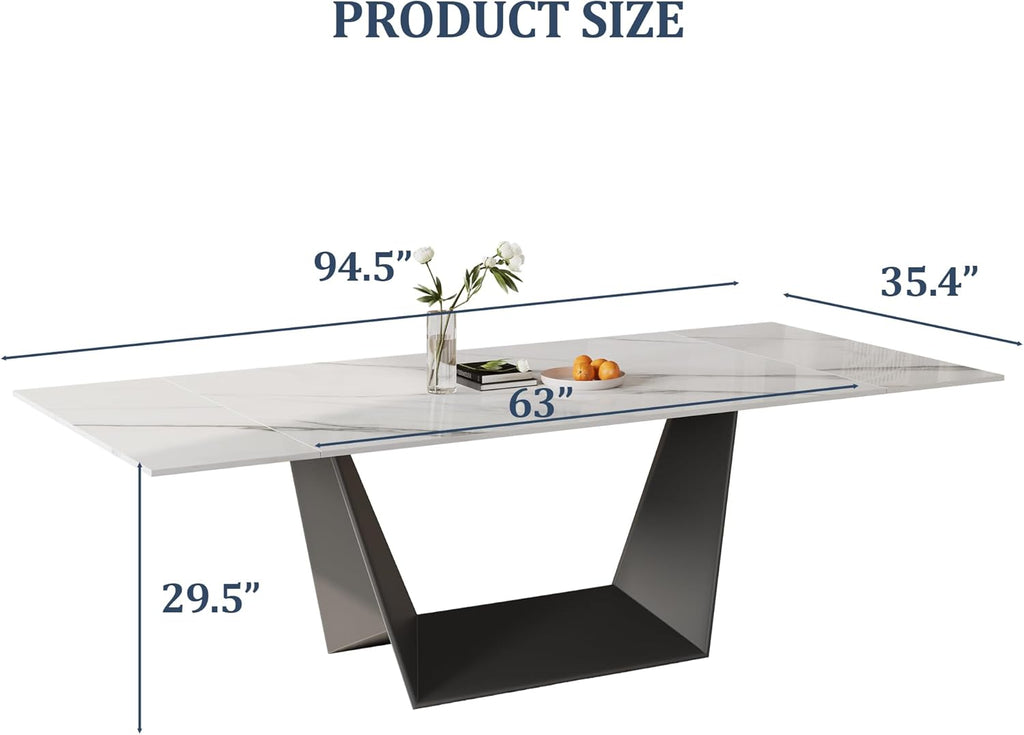 Modern Expandable Dining Table - 63" to 95" Extendable Dining Room Table for 6-12, Glossy White Sintered Stone Top with Black Carbon Steel Base, Easy Assembly Kitchen Table Only