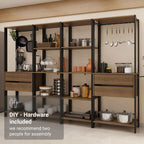 Madesa Kitchen Pantry Storage Rack with 4 Drawers, Open Shelves and Hanging Spaces 102" L Multiuse Modular Cabinet for Kitchen Organization - Black/Brown