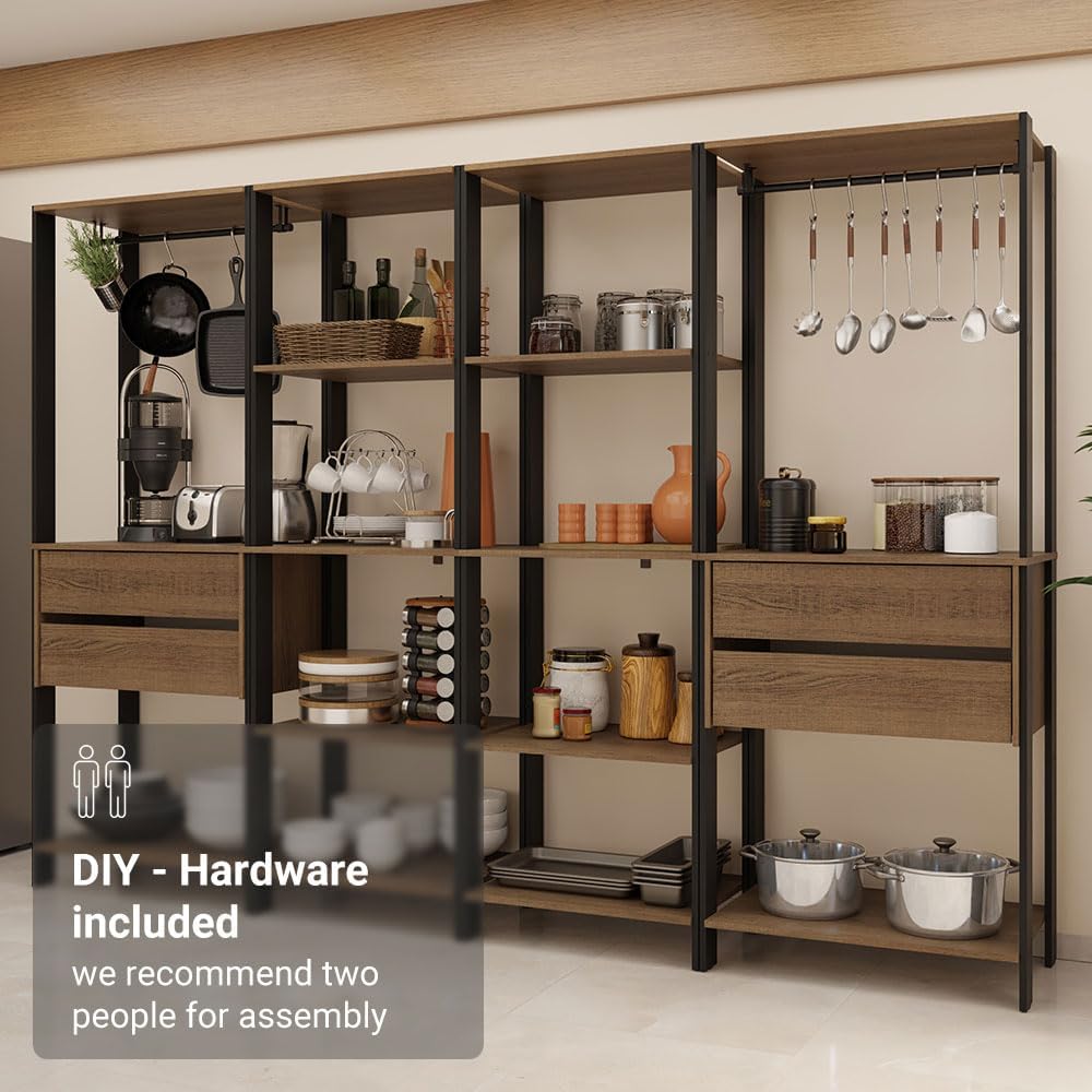 Madesa Kitchen Pantry Storage Rack with 4 Drawers, Open Shelves and Hanging Spaces 102" L Multiuse Modular Cabinet for Kitchen Organization - Black/Brown