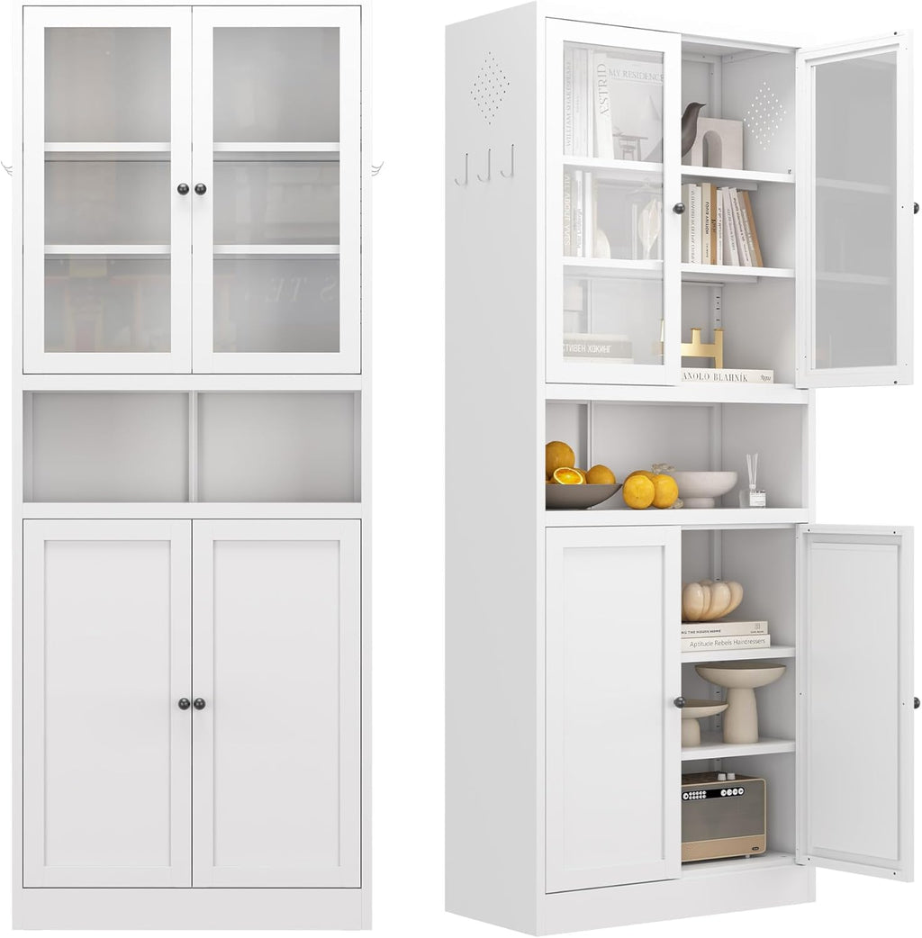 Kitchen Pantry Cabinet with Glass Doors, 72" Metal Storage Cabinet with 4 Adjustable Shelves, Kitchen Pantry with Hooks for Home, Living Room, Assemble Required (White)