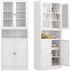 Kitchen Pantry Cabinet with Glass Doors, 72" Metal Storage Cabinet with 4 Adjustable Shelves, Kitchen Pantry with Hooks for Home, Living Room, Assemble Required (White)
