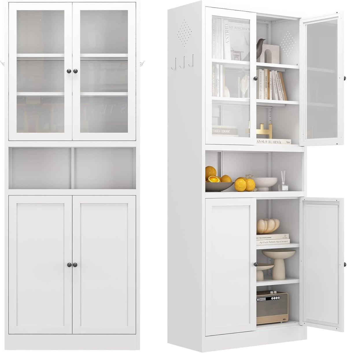 Kitchen Pantry Cabinet with Glass Doors, 72" Metal Storage Cabinet with 4 Adjustable Shelves, Kitchen Pantry with Hooks for Home, Living Room, Assemble Required (White)