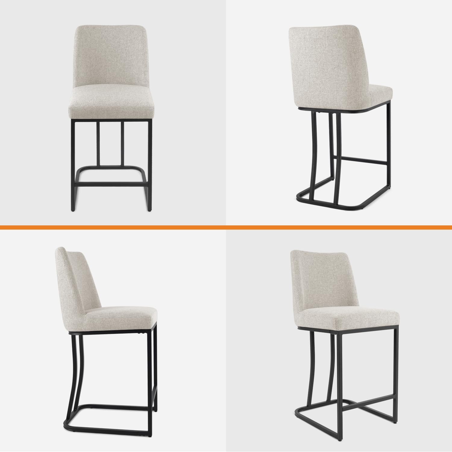 Counter Height Bar Stools Set of 4, 24 Inch Seat Height Bar Chairs for Kitchen Island, Linen Fabric Upholstered Barstools with Metal Feet for Dining Room, Beige