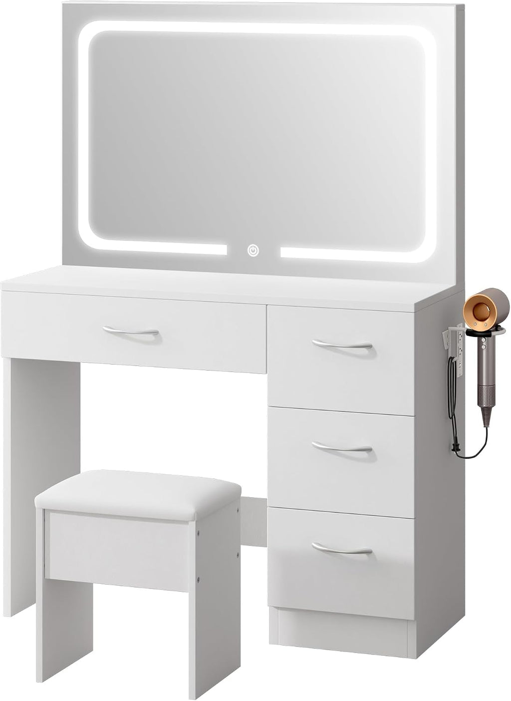 LIVELYGLOW 35.4" White Vanity Desk Set with Full-Width LED Mirror & Stool | 3 Lighting Modes, Charging Station, Cushioned Stool, 4 Drawers