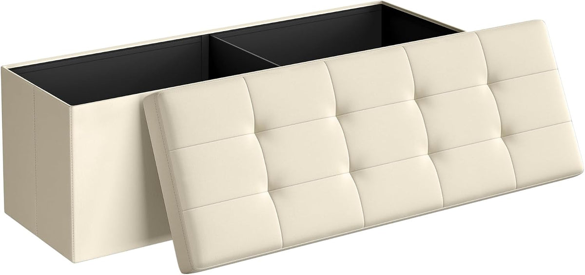 SONGMICS 43.3 Inches Folding Storage Ottoman Bench, Load 660 lb | Ottoman Foot Rest, Storage Chest, for Living Room, Entryway, Cream White and Ink Black, MINOTA Collection ULSF77BE