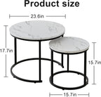 aboxoo Round Nesting Coffee Table Side Table Set of 2 End Tables for Living Room Bedroom Balcony, White Faux Marble Wooden Table Accent Coffee Table with Black Steel Frame