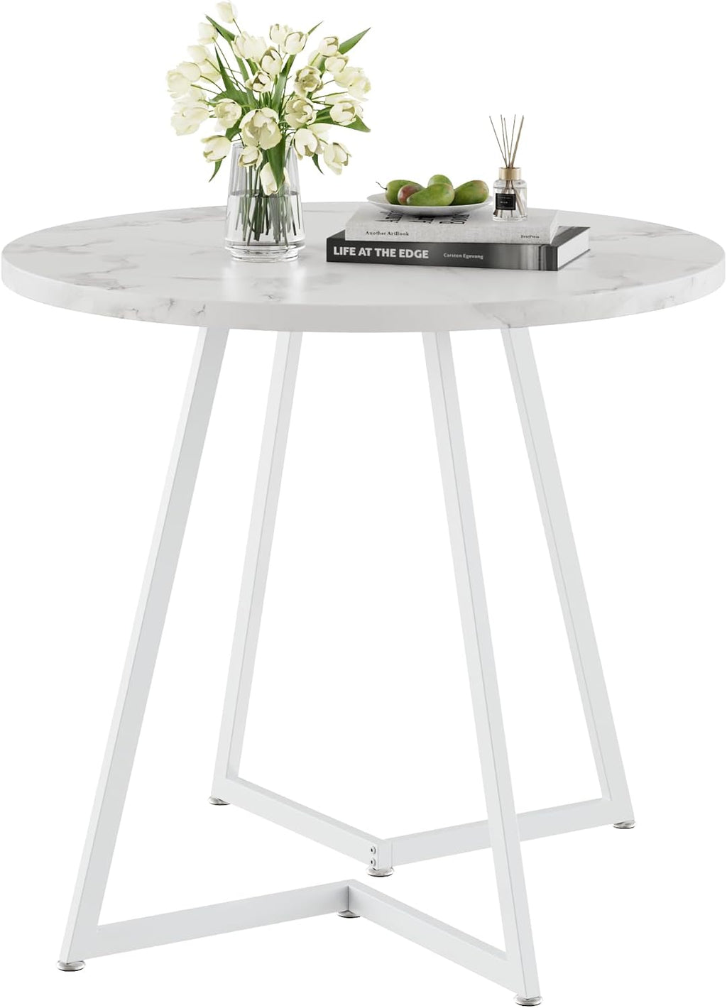 VECELO Round Dining Room Table with Wood Grain Tabletop and Steel Frame, for Kitchen, Living Room, Office, Conference, 2 to 4 Person, White Faux Marble