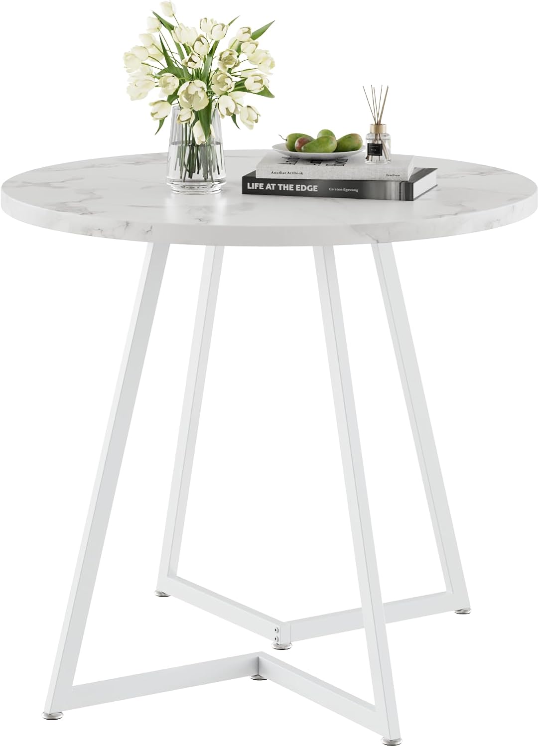 VECELO Round Dining Room Table with Wood Grain Tabletop and Steel Frame, for Kitchen, Living Room, Office, Conference, 2 to 4 Person, White Faux Marble