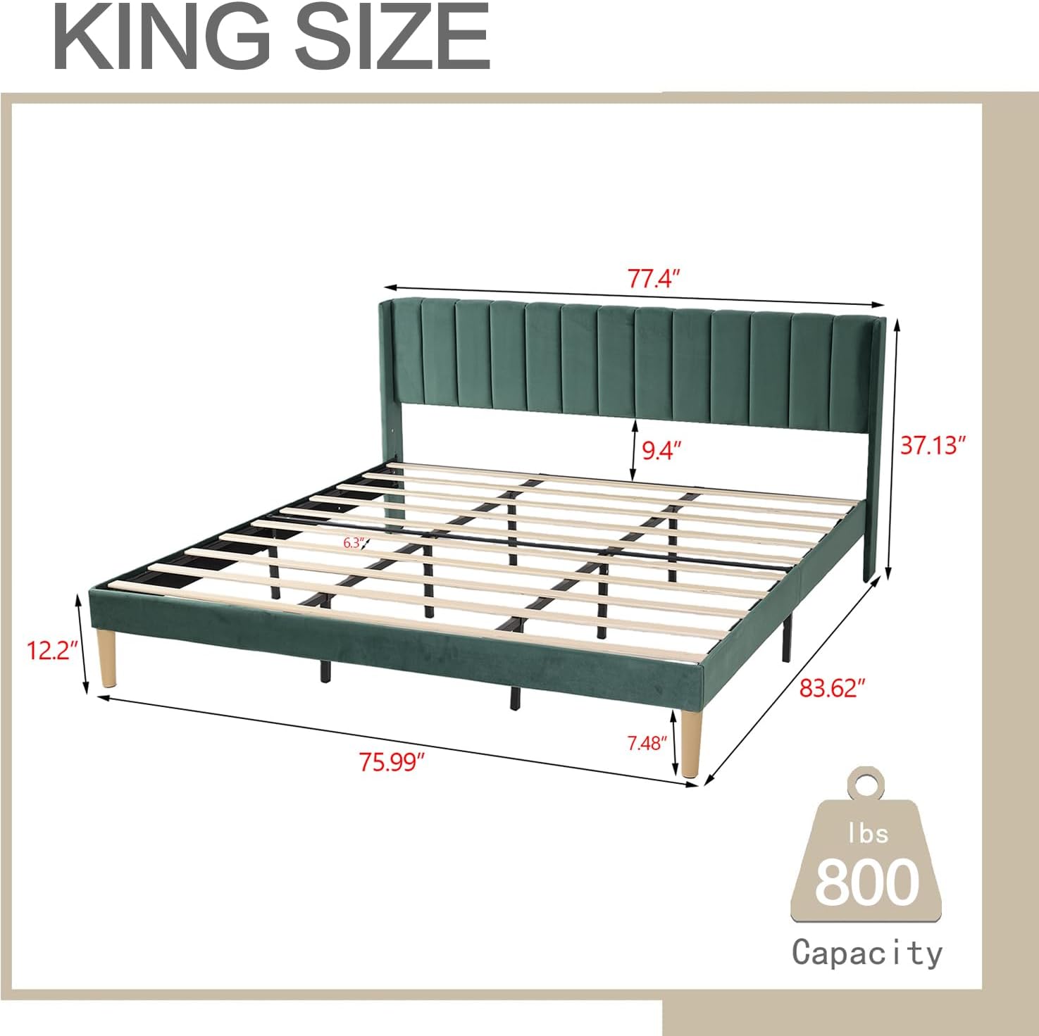AGARTT Upholstered Platform Bed Frame King Size, Ink Green Velvet