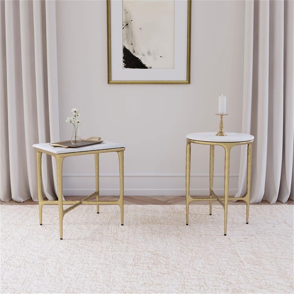 MAKLAINE Round Contemporary Marble Top Side Table in White and Gold
