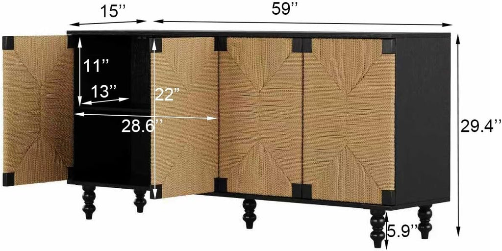 Handwoven Seagrass Doors Sideboard, 59 Inch Boho TV Stand Media Console Buffet Cabinet with Solid Wood Legs, Black and Natural Finish for Dining Room, Living Room, Entryway Storage