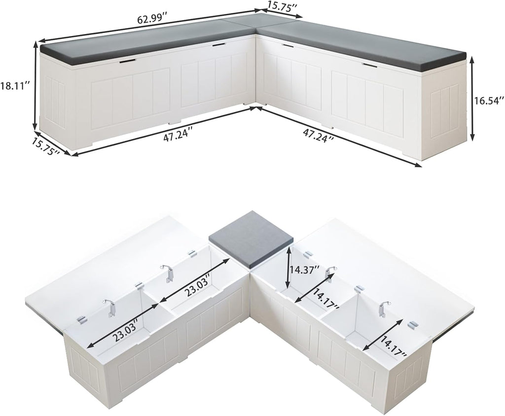 L Shaped Corner Storage Bench with Cushion,Modern Kitchen Breakfast Nook Bench with Storage,Flip-Top Shoe Storage Bench for Entryway,Hallway,Living Room,White