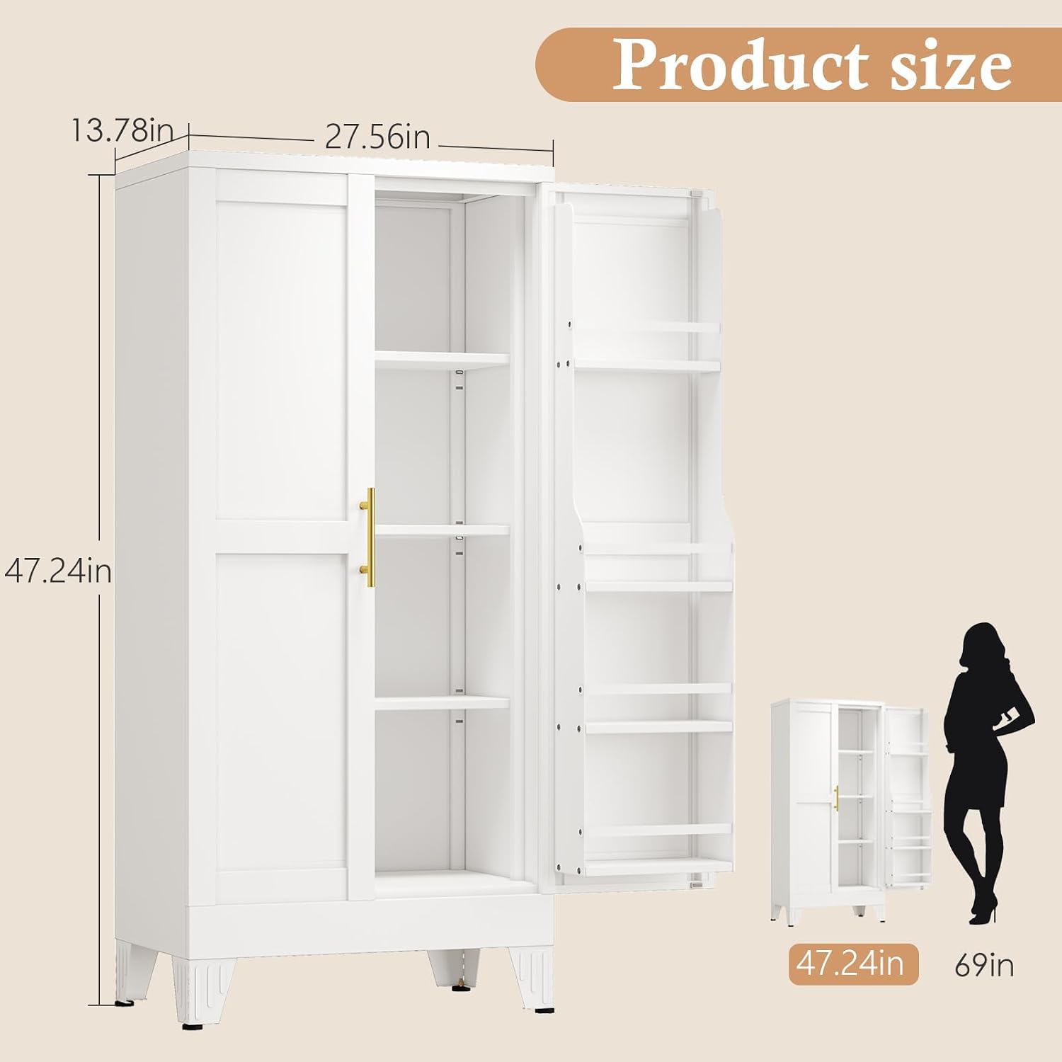 48" H Metal Kitchen Pantry Storage Cabinet, Freestanding Cupboard Storage Cabinet with Doors and Adjustable Shelves, Large Stand Up Food Cupboard for Living Room, Dinning Room, White