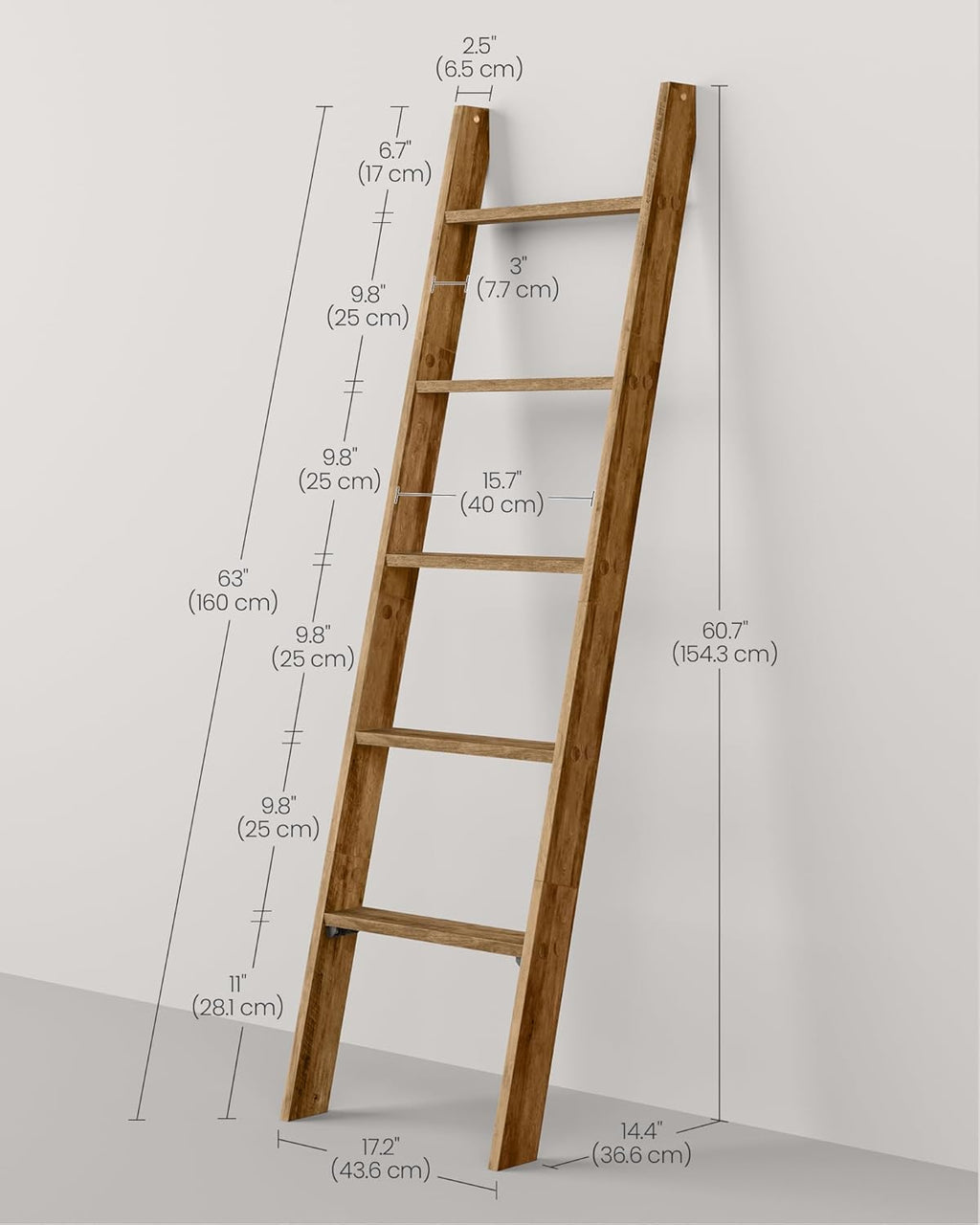 VASAGLE Blanket Ladder Decorative Farmhouse for The Living Room, 5-Tier Ladder Shelf, Ladder Rack for Storage and Decor, Honey Brown ULLS018K41