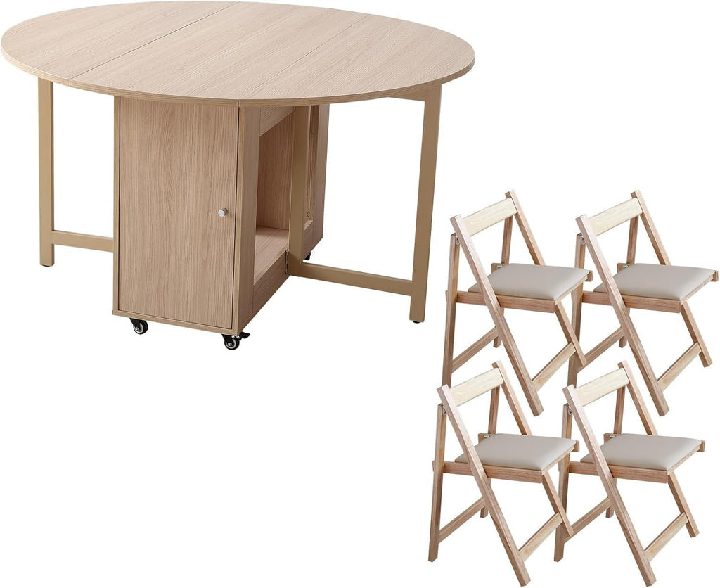 COMUHOME Wood Round Folding Dining Table with 4 Chairs, 47.3" Folding Table and Chairs with Storage Shelf Metal Legs for Home Dining Room Living Room, Space Saving Foldable Dining Table with 4 Chairs