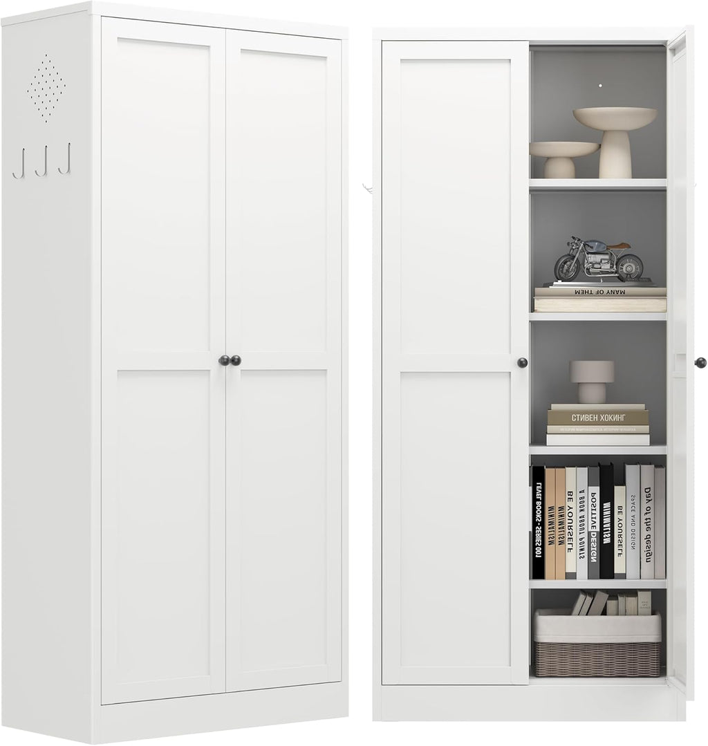 Kitchen Pantry Cabinet,White Metal Pantry Cabinet with 2 Doors & 4 Adjustable Shelves,61" Farmhouse Utility Storage Cabinet for Living Room,Garage,Basement