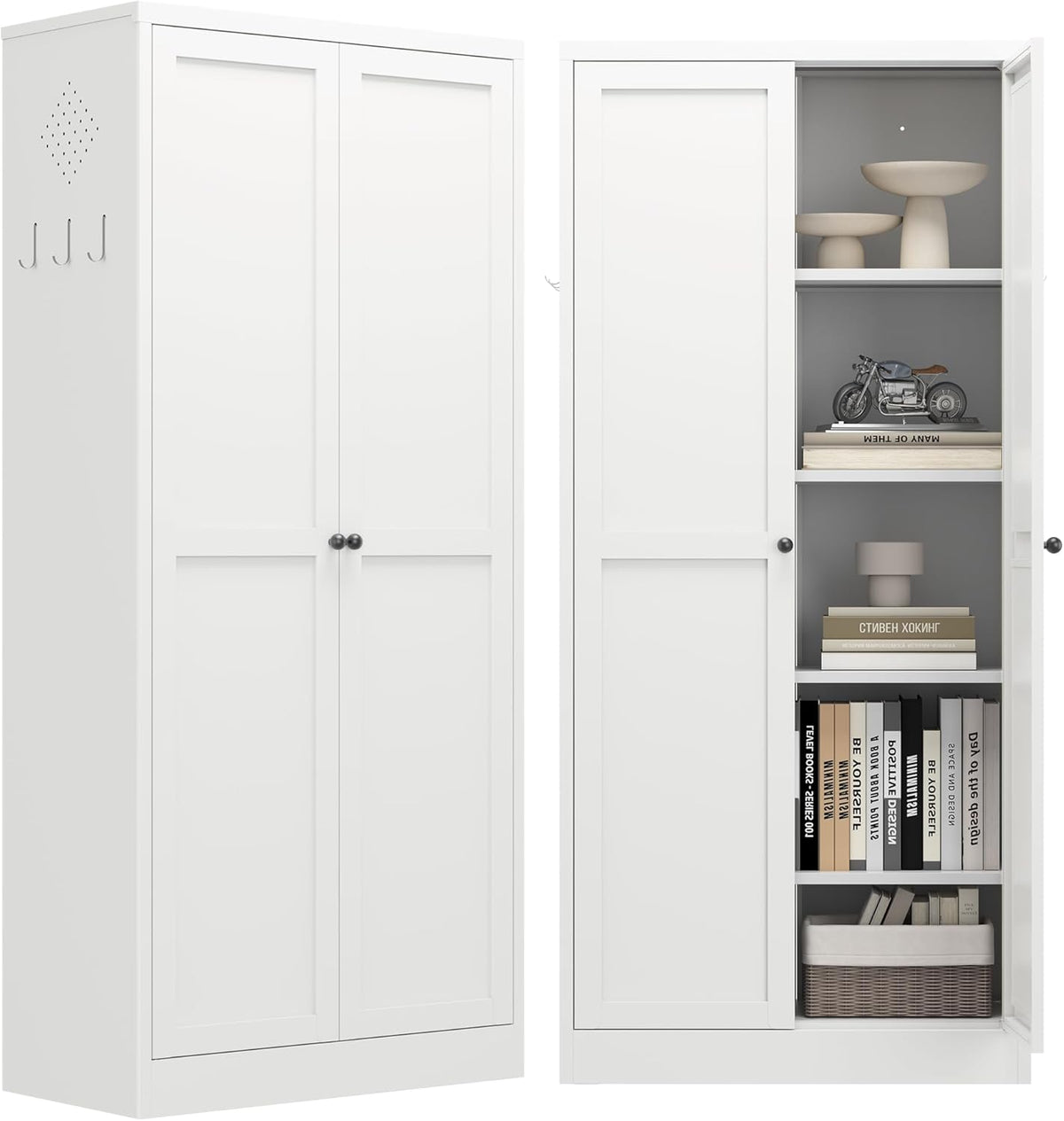 Kitchen Pantry Cabinet,White Metal Pantry Cabinet with 2 Doors & 4 Adjustable Shelves,61" Farmhouse Utility Storage Cabinet for Living Room,Garage,Basement