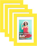 KINLINK 4x6 Picture Frames Yellow, Solid Wood Frames with Acrylic Plexiglass for 3.5x5 with Mat or 4x6 without Mat, Tabletop and Wall Display Photo Frame, Set of 4