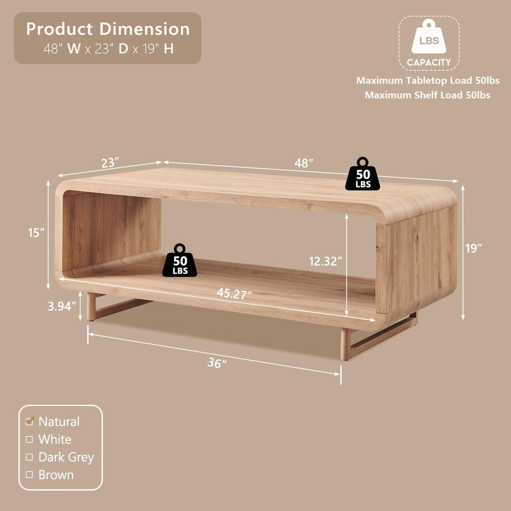 IFGET 48" Modern Coffee Table, 2-Tier Minimalist Center Table with Storage Shelf, Curved Profile Design, Wooden Rectangular Living Room Table w/Wood Thick Design for Living Room, Office, Natural Oak