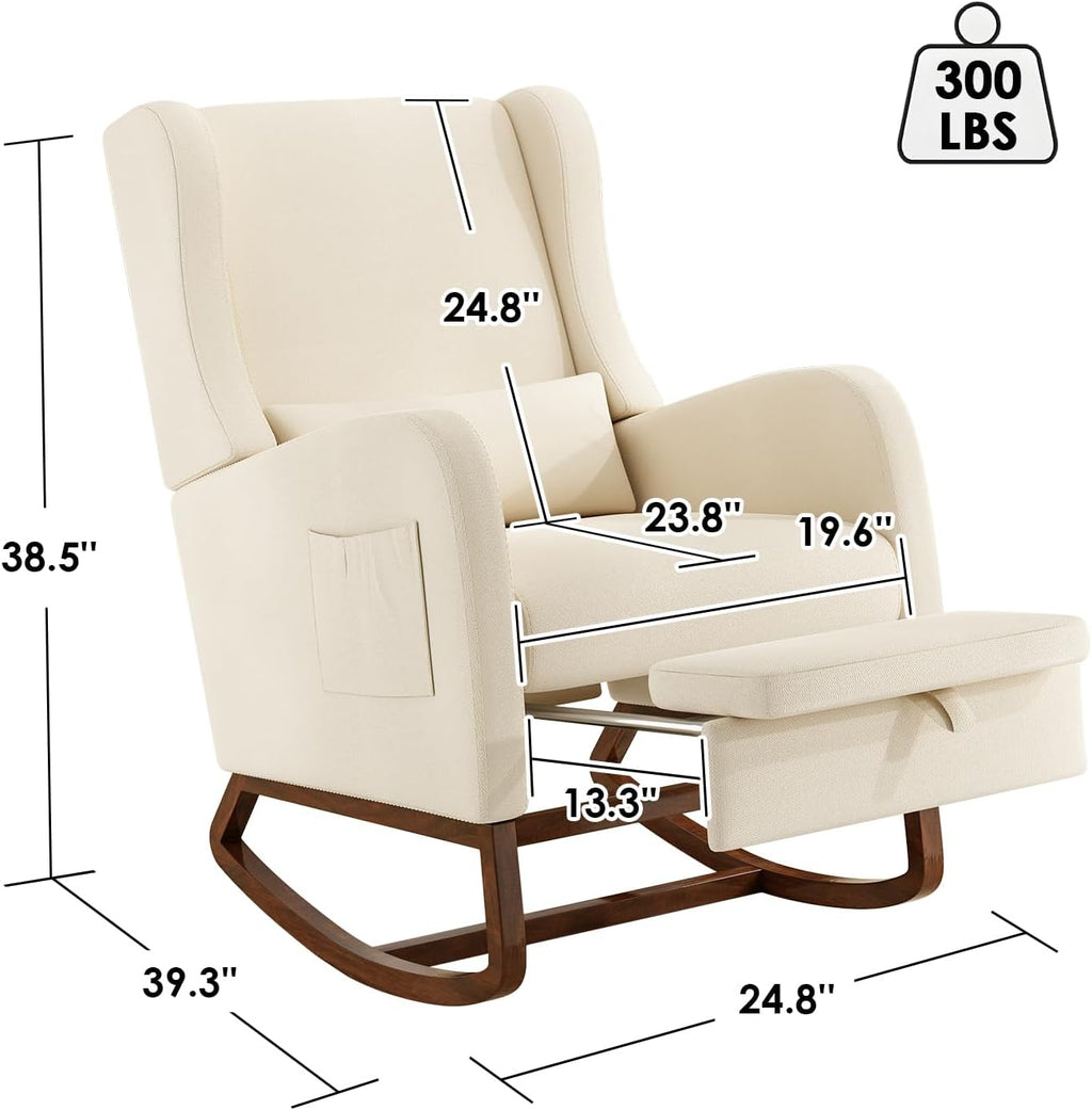 Nursery Rocking Chair, Glider Rocker Indoor with Footrest, Beige | High Back Nursing Chair with Side Pocket, Upholstered Thick Foam Glider Chair with Rubberwood Base for Living Room Bedroom