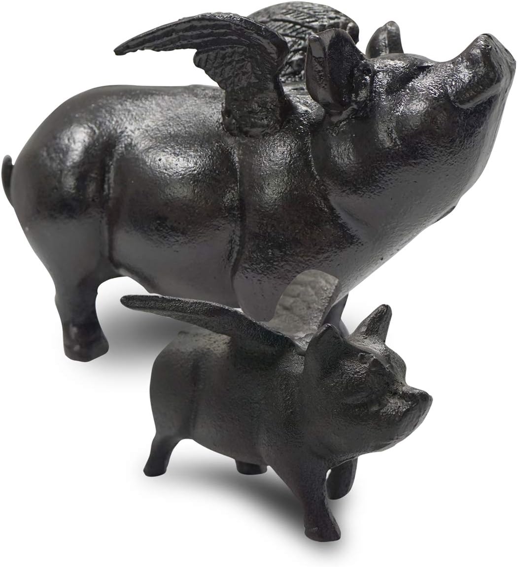 NACH Cast Iron Flying Pig Garden Statue - Black Door Stopper, Rustic Decor Sculpture, Paperweight, Outdoor Statue - 5.5x3.5x3.9 Inch, JS-92-040