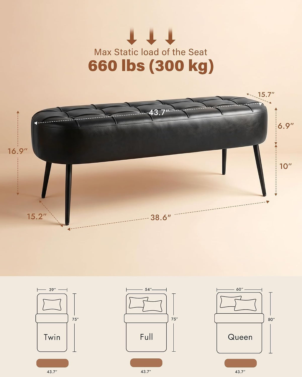 Entryway Bench, Modern PU Leather Upholstered End of Bed Bench Black | 43.7" Shoe Bench with Tufted Seat, 660 lb Capacity, Sturdy Metal Legs, Mid-Century Style, For Hallway, Living Room, Bedroom